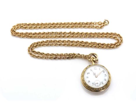 A French gold fob watch with chain, the case 30mm in diameter with a white enamelled dial, Arabic numerals, a subsidiary seco