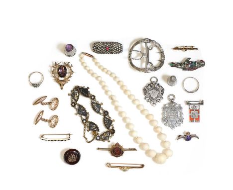 A small collection of antique and later gold, silver, and costume jewellery,to include a gold and opal bar brooch, tested as 