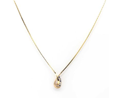 A 9ct gold sapphire and diamond necklace,a line of round mixed cut sapphires claw set in white, alternating with round brilli