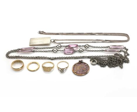 A small collection of gold jewellery, to include two hallmarked 9ct gold wedding bands, Birmingham 1929, London 1978, a gold 