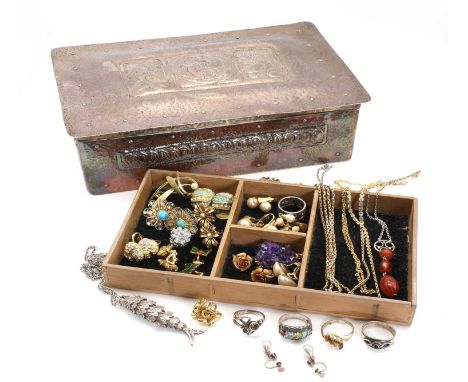 An Arts & Crafts style jewellery box and quantity of jewellery, comprising an Arts & Crafts style metal box with repoussé wor