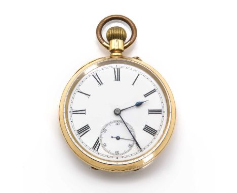 An 18ct gold top wind open faced pocket watch,48mm diameter, a white enamel dial, black Roman numerals, blued spade hands, su