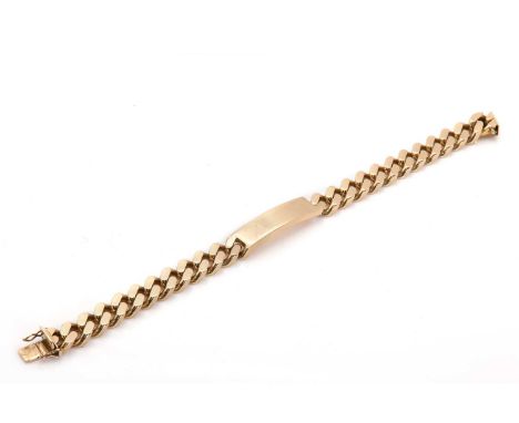 A gentlemen's Italian gold identity bracelet,with a solid plain curved flat section bar, to solid curb link chain, with a con