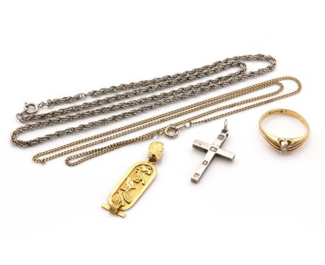 A small collection of gold and silver jewellery,comprising an 18ct gold single stone ring set with a later synthetic white sp