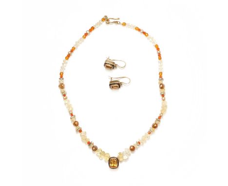 A silver gilt and citrine, earring and bead necklace suite,comprising a pair of silver gilt citrine earrings, an emerald cut 