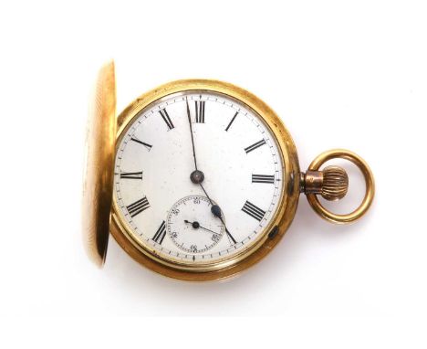 An 18ct gold top wind hunter pocket watch,48mm diameter, with a white enamel dial, Roman numerals, blued spade hands and subs