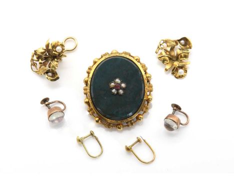 A small collection of gold jewellery,to include a Victorian bloodstone brooch, with a seed pearl floral cluster applied to th