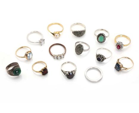 A collection of gold, silver and costume rings,to include a 9ct gold synthetic light blue spinel single stone ring, Birmingha