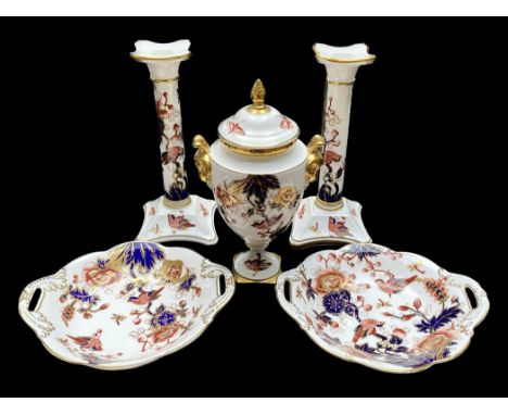 Coalport Bone China Set, comprising a pair of 8.5'' candlesticks, and a matching 9'' lidded twin handled pot, decorated with 