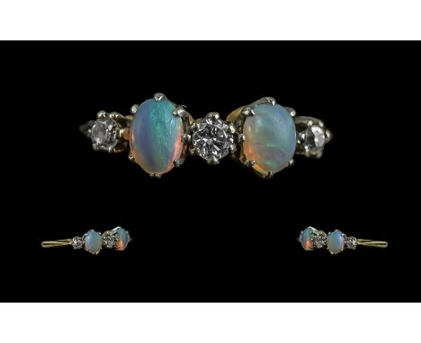 Ladies 18ct Gold and Platinum Opal &amp; Diamond Set Ring - Marked 18ct Gold and Platinum To Interior Of Shank. Opals of Exce