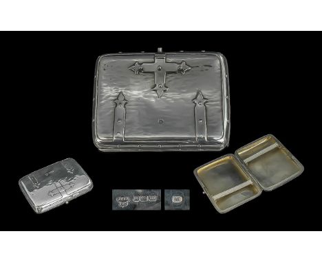 Edwardian Period Bow Shaped Superb Quality Sterling Silver Novelty Planished Cigarette Case, in the form of a briefcase/satch