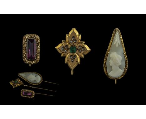 Antique Period - FIne Trio of 15ct &amp; 18ct Gem Set Stick Brooches. Features A Georgian 18ct Gold Emerald and Diamond Set S