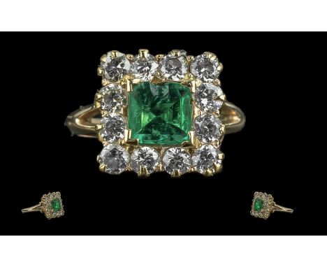 Antique Period Superb Quality 18ct Gold Emerald and Diamond Set Dress Ring - Of Square Form The Central Square Set-Cut Emeral