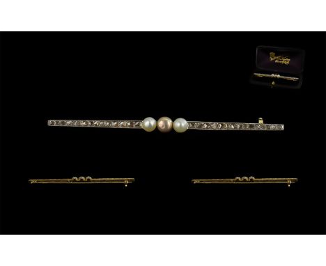 Antique Period - Superb 18ct Yellow Gold and Platinum Diamond and Pearl Set Stick Brooch, Excellent Craftsmanship and Design.