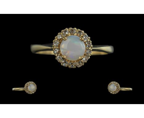 Pretty 9ct Gold Opal and Diamond Set Ring. Ladies Opal and Diamond Ring, Opal of Good Colour and Sparkle, Set In 9ct Yellow G