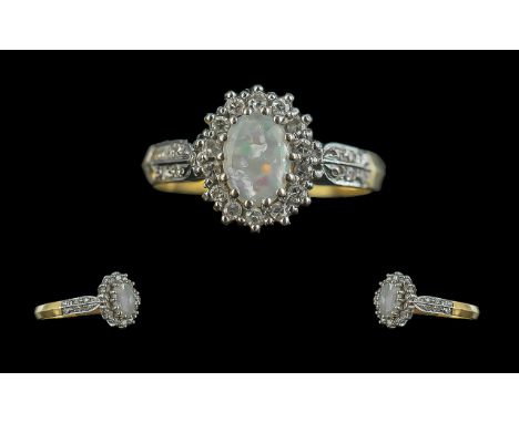 18ct White Gold Attractive Diamond and Opal Set Cluster Ring, Flower head Design. The Central Opal of Good Colour, Surrounded