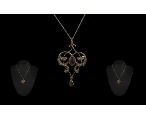 Victorian Period 1837 - 1901 9ct Gold Open Worked Pendant Gem Set and Pearls. Attached to 9ct Gold Chain. Both Pendant and Ch