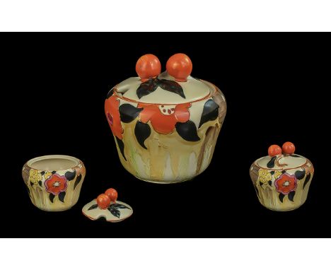 Clarice Cliff 1930's Handpainted Small Preserve Lidded Pot 'Bizzare' Range, 'Lydiat' design/pattern, circa 1933.  Height 3.5'