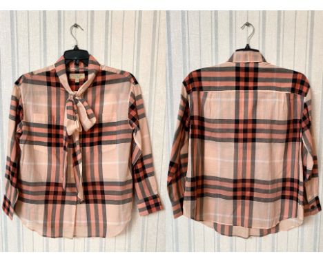 Burberry London Ladies Blouse, long sleeved genuine Burberry salmon pink check blouse with tie bow at neck.  UK 4, small size