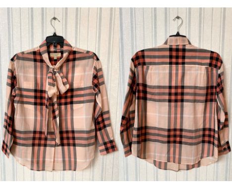 Burberry London Ladies Blouse, long sleeved genuine Burberry salmon pink check blouse with tie bow at neck.  UK 4, small size