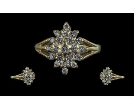Ladies 9ct Gold Diamond Set Cluster Ring. Full Hallmark to Shank. Diamond Weight Est 0.50 pts. Ring Size K. Weight of Shank 3