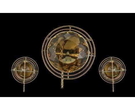 Victorian Period - Excellent Quality Large 9ct Gold Citrine Set Brooch with Safety Chain. Marked 9ct. The Large Circular Face