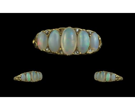 Antique Period Attractive 18ct Gold Ladies Opal &amp; Diamond Set Ring - Superior Quality The 5 Well Matched Opals of Pleasin