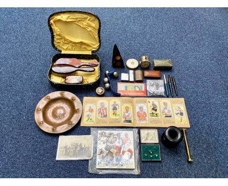 Box of Collectibles, including a set of hairbrush, mirror and clothes brush, wooden inkwell, a boxed set of rolled gold studs