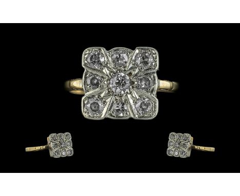 Ladies - Pleasing 1920's 18ct Gold and Platinum - Exquisite Diamond Set Cluster Ring, of Square Form. The Central Faceted Dia