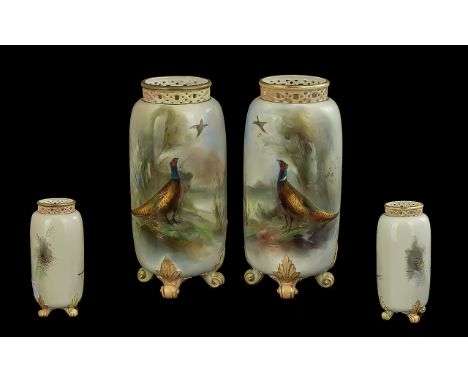 Royal Worcester Signed and Hand Painted Pair of Reticulated Vases, Standing on Four Feet with Pheasants In a Painted Woodland