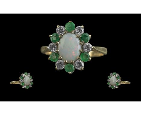 Ladies 9ct Gold Attractive Emerald, Diamond &amp; Opal Set Cluster Ring - Full Hallmark To Interior of Shank. Ring Size (L) W