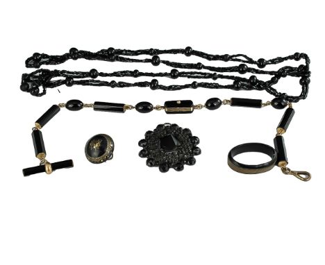 Collection of Antique Jewellery including black costume jewellery, brooches, necklace, fob chain etc.