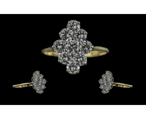 18ct Gold - Superb Quality Modern Nine Stone Diamond Set Ring. Not Marked Tests 18ct - 750. The Nine Modern Brilliant Cut Dia