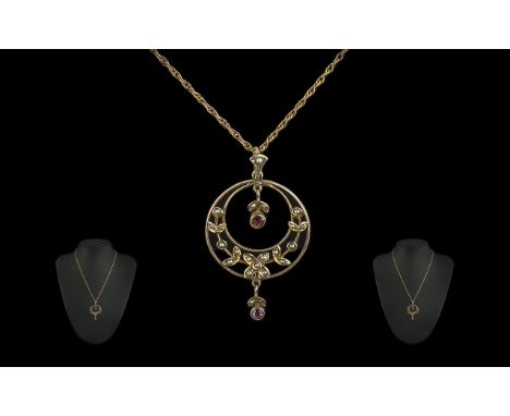 Antique Period Ladies Ornate Open Worked 9ct Gold Pendant &amp; Chain - Set With Seed Pearls &amp; Garnet Marked 9ct. Weight 