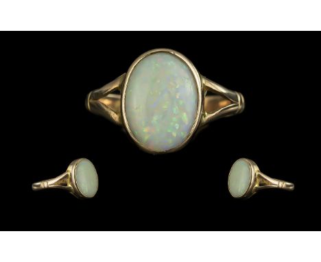 Early 20th Century Attractive Single Stone Opal Set Ring - Set In A 9ct Gold Shank. Hallmark Chester 1919. The Large Pave Set