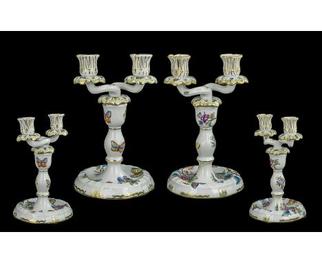 Herend Hungarian Superb Quality Pair Of Handpainted Porcelain Candlesticks - Beautifully Decorated In Painted Enamels, Depict