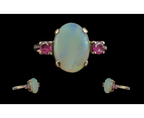 Ladies Pleasing 9ct Gold Opal &amp; Garnet Set Ring - Full Hallmark To Shank. The Large Oval Shaped Opal Of Good Colour. Est 