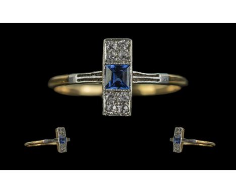 Art Deco Period Exquisite Blue Sapphire and Diamond Set Ring - Of Pleasing Design. Marked 18ct To Interior Of Shank. The Blue
