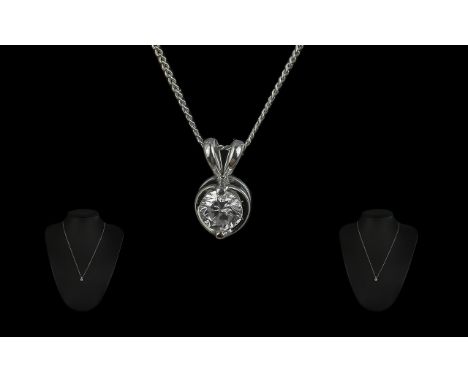 18ct White Gold - Superior Single Stone Diamond Set Pendant with Attached 18ct White Gold Chain. Marked 750 - 18ct. Diamond W