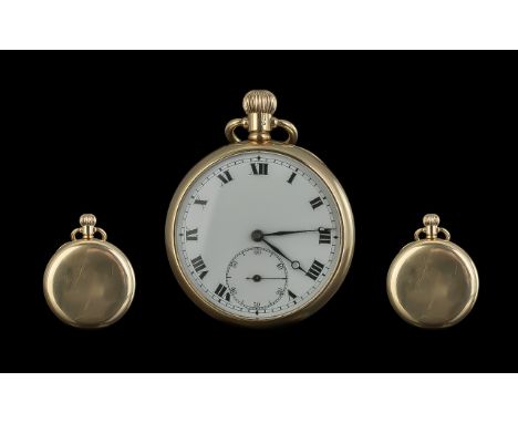 A Fine 9ct Gold Keyless Open-Faced Pocket Watch, full hallmark for 9ct.  Features a white enamel dial, subsidiary dial. Weigh