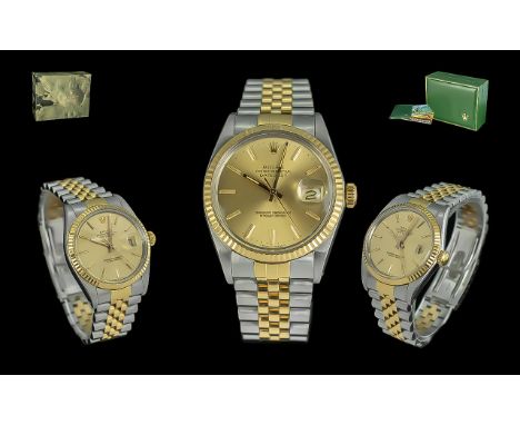 Rolex - Oyster Perpetual 18ct Gold and Steel Date-Just Chronometer Gents Wrist Watch, Lugs Marked 455, Model No 16253. Date o