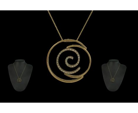 18ct Yellow Gold - Contemporary Designed Diamond Set Circular Shaped Pendant, Attached to a 18ct Gold Chain. Both Pendant and