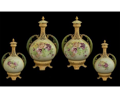 Ernst Wahliss Turn Vienna Superb Pair of Hand Painted Lidded Twin Handled Reticulated Globular Shaped Vases, c1900, decorated