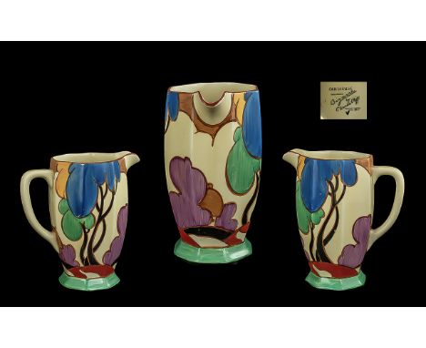 Clarice Cliff 1930's Hand Painted Athens Jug ' Blue Autumn ' Design, Bizarre Range. c.1930 - 1934. Height 6.5 Inches - 16.25 