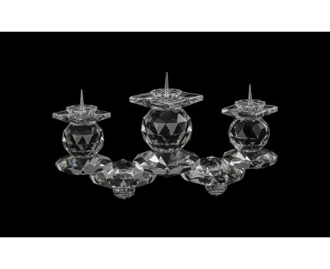 Swarovski Candlestick for 3 Candles. With Box and Certificate. A 7600 NR 115 000. Approx 9 by 3.75 Inches. Condition Report f