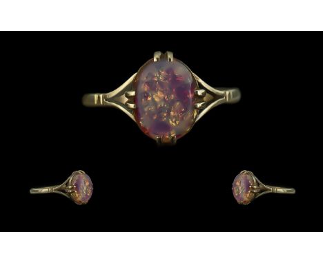 Antique Period Fire Opal Ring Set In 9ct Yellow Gold. Fire Opal Set In 9ct Gold, The Opal of Lovely Colour. Ring Size P. Weig