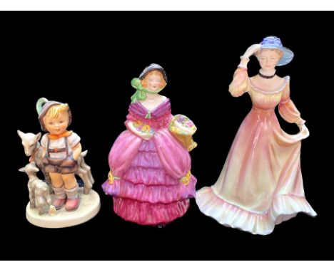 Three Figurines, comprising Staffordshire 'Jessica' 8'' tall, W H Goss figure 'Lady Rose' 7'' tall, and a Hummel boy figure w
