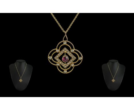 Antique Period - Attractive Ladies 9ct Gold Garnet and Seed Pearl Set Pendant - Attached to a 9ct Gold Chain. The Pendant of 