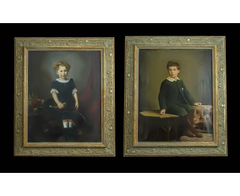 19th Century Pair of Oil Paintings Mounted and Framed - The Paintings are Portraits of a Young Girl and Boy In Formal Dress. 