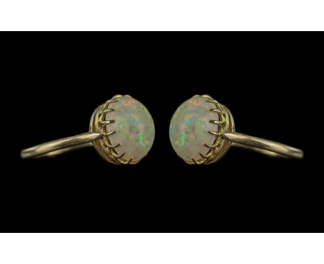 Antique Period - Pleasing 9ct Gold Cabochon Cut Opal Ring. Marked 9ct to Interior of Shank. The Opal of Excellent Multi-Colou